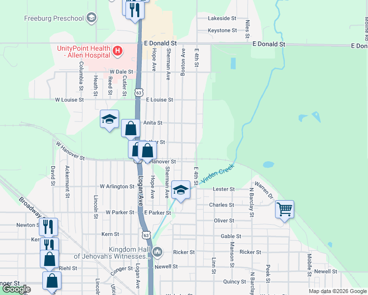 map of restaurants, bars, coffee shops, grocery stores, and more near 307 Boston Avenue in Waterloo