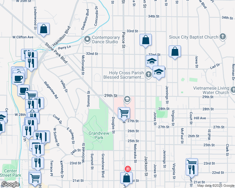 map of restaurants, bars, coffee shops, grocery stores, and more near 2800-2898 Douglas Street in Sioux City