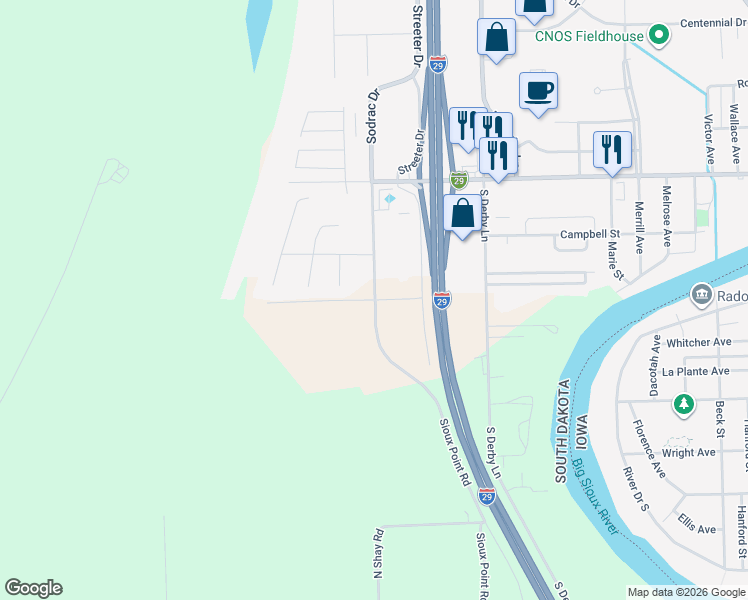 map of restaurants, bars, coffee shops, grocery stores, and more near 1300 Quiniela Drive in North Sioux City