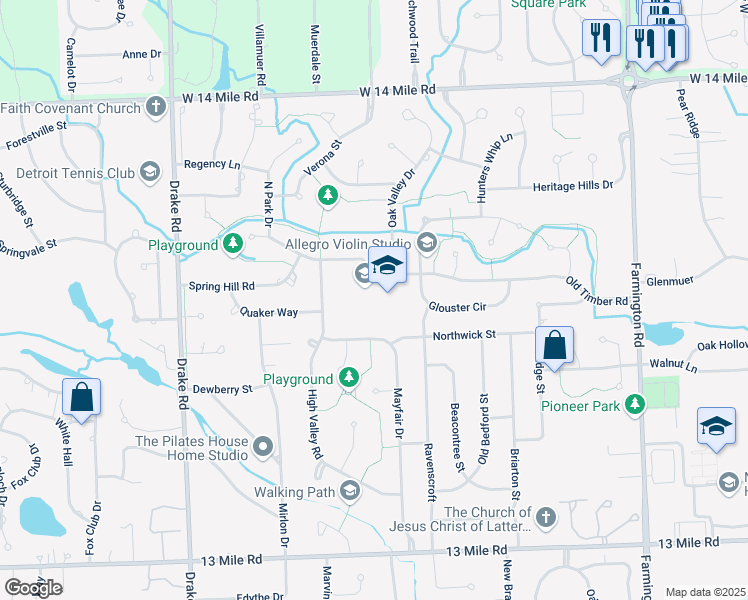 map of restaurants, bars, coffee shops, grocery stores, and more near 34545 Old Timber Road in Farmington Hills