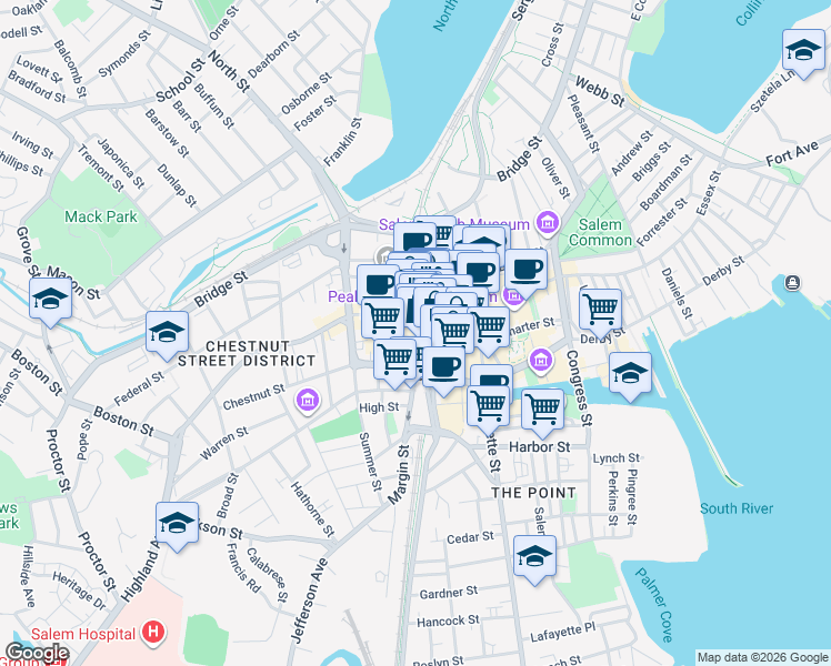 map of restaurants, bars, coffee shops, grocery stores, and more near 120 Washington Street in Salem