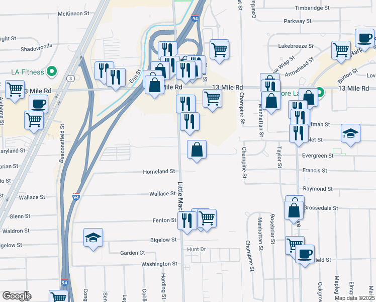 map of restaurants, bars, coffee shops, grocery stores, and more near 30500 Little Mack Avenue in Roseville