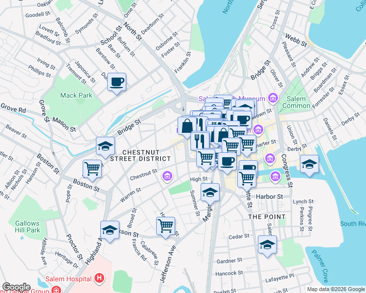 map of restaurants, bars, coffee shops, grocery stores, and more near 18 Summer Street in Salem