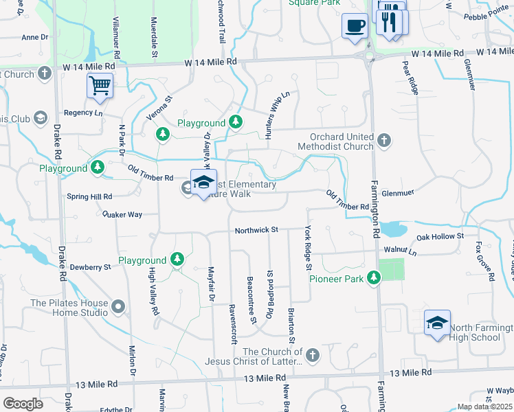 map of restaurants, bars, coffee shops, grocery stores, and more near 33987 Glouster Circle in Farmington Hills