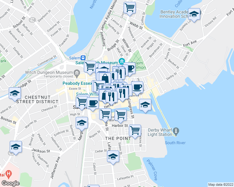 map of restaurants, bars, coffee shops, grocery stores, and more near 39 Charter Street in Salem