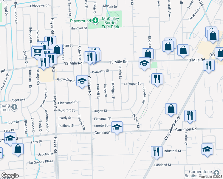 map of restaurants, bars, coffee shops, grocery stores, and more near 30509 Hennigan Street in Roseville