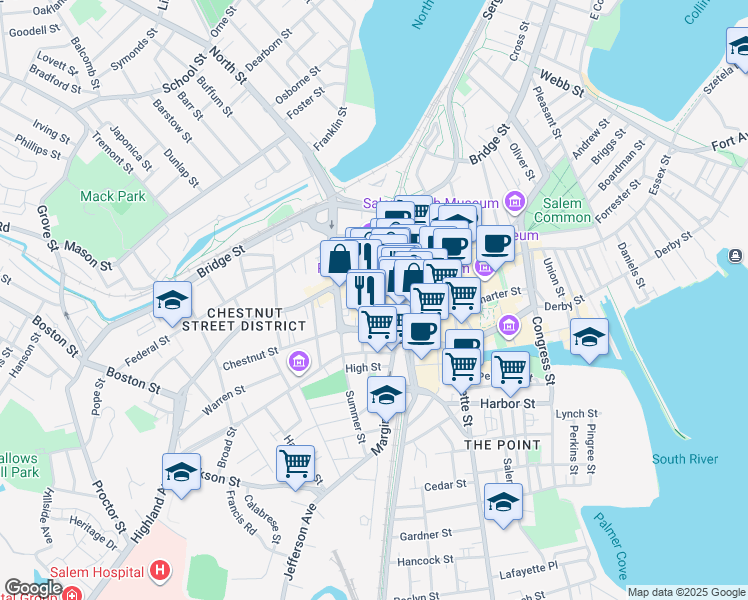 map of restaurants, bars, coffee shops, grocery stores, and more near 21 Barton Square in Salem