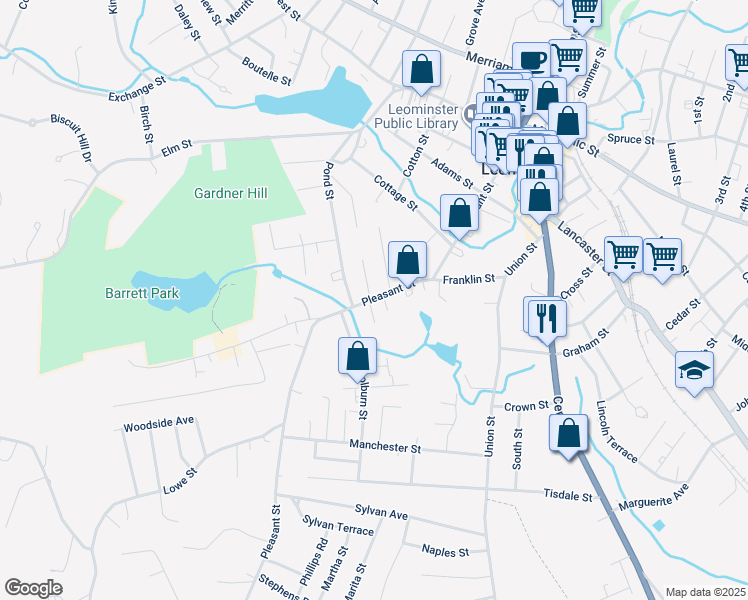 map of restaurants, bars, coffee shops, grocery stores, and more near 191 Pleasant Street in Leominster