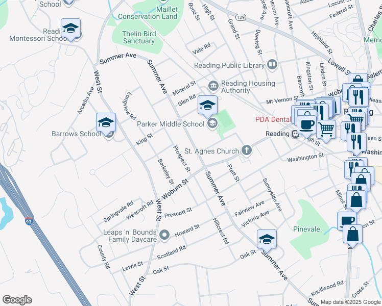 map of restaurants, bars, coffee shops, grocery stores, and more near 199 Summer Avenue in Reading