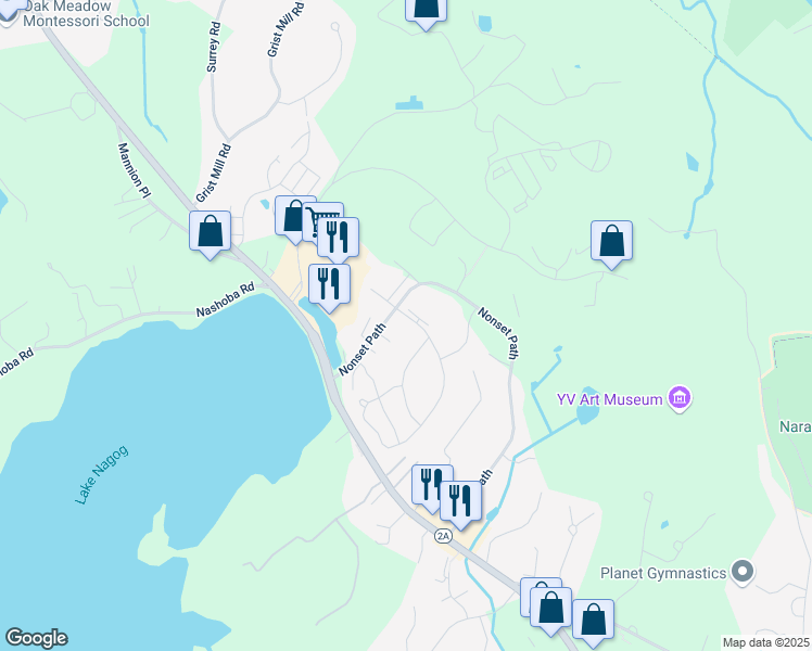 map of restaurants, bars, coffee shops, grocery stores, and more near 535 Old Stone Brook in Acton