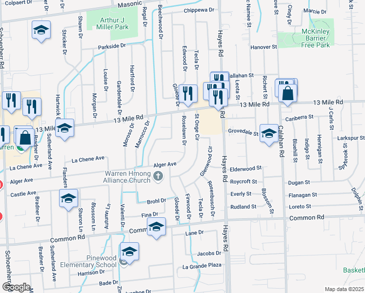 map of restaurants, bars, coffee shops, grocery stores, and more near 14929 Alger Avenue in Warren