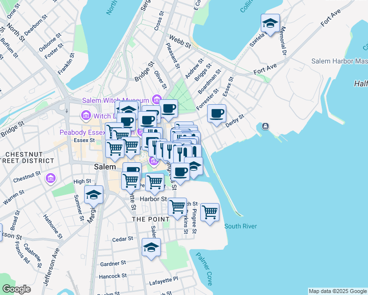 map of restaurants, bars, coffee shops, grocery stores, and more near 57 Wharf Street in Salem