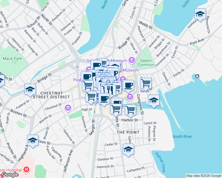 map of restaurants, bars, coffee shops, grocery stores, and more near 21 Front Street in Salem