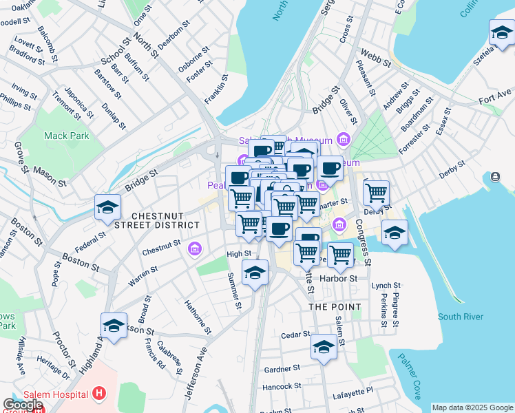 map of restaurants, bars, coffee shops, grocery stores, and more near 123 Washington Street in Salem
