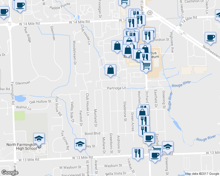 map of restaurants, bars, coffee shops, grocery stores, and more near 31850 Partridge Lane in Farmington Hills