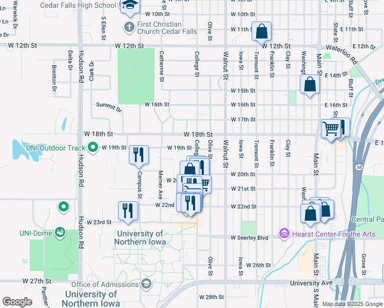 map of restaurants, bars, coffee shops, grocery stores, and more near 1924 College Street in Cedar Falls