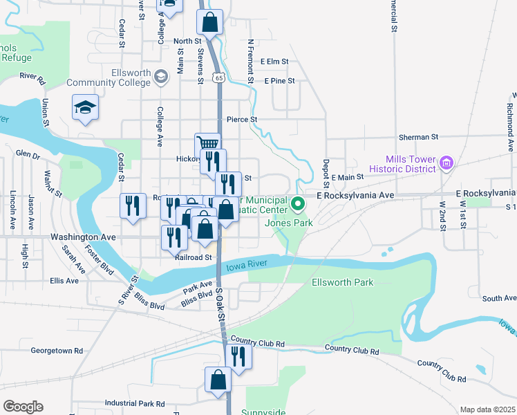 map of restaurants, bars, coffee shops, grocery stores, and more near 309 Estes Street in Iowa Falls