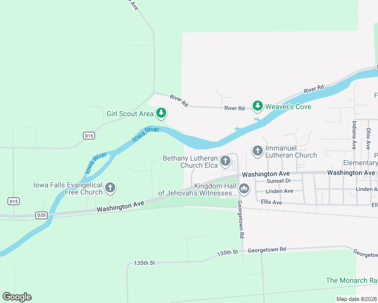 map of restaurants, bars, coffee shops, grocery stores, and more near 2920 River Oaks Road in Iowa Falls