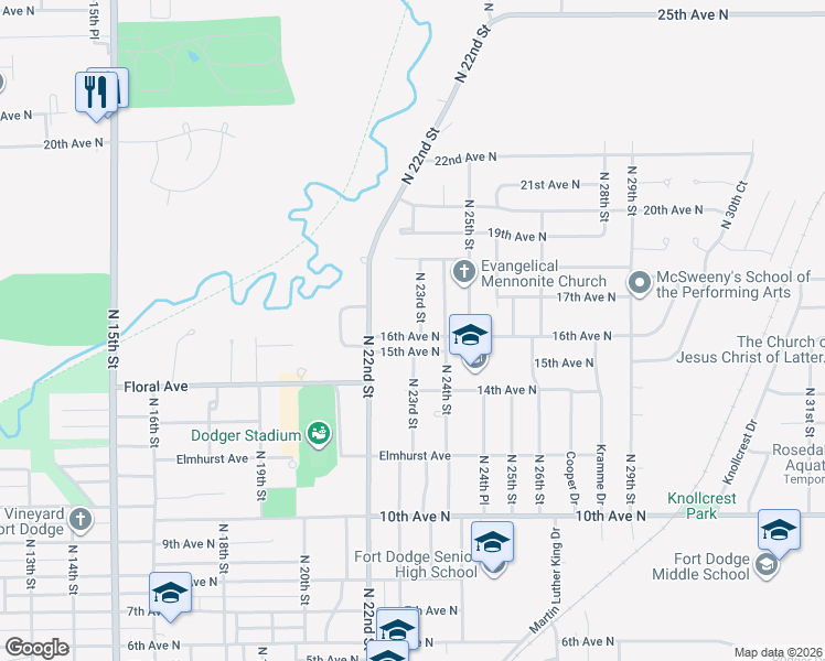 map of restaurants, bars, coffee shops, grocery stores, and more near 2222 15th Avenue North in Fort Dodge