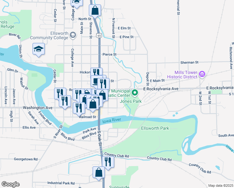 map of restaurants, bars, coffee shops, grocery stores, and more near 309 Estes Street in Iowa Falls