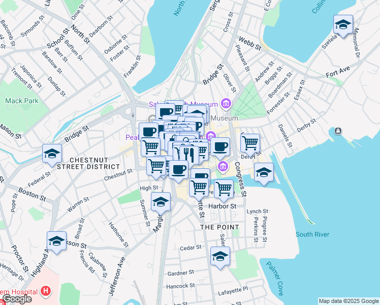 map of restaurants, bars, coffee shops, grocery stores, and more near 20 Central Street in Salem