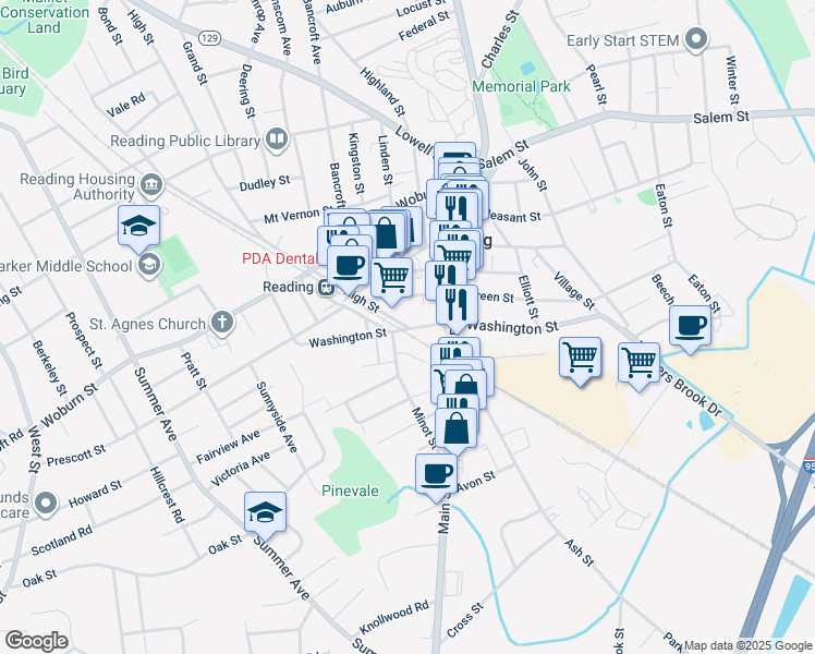 map of restaurants, bars, coffee shops, grocery stores, and more near 1 High Street in Reading
