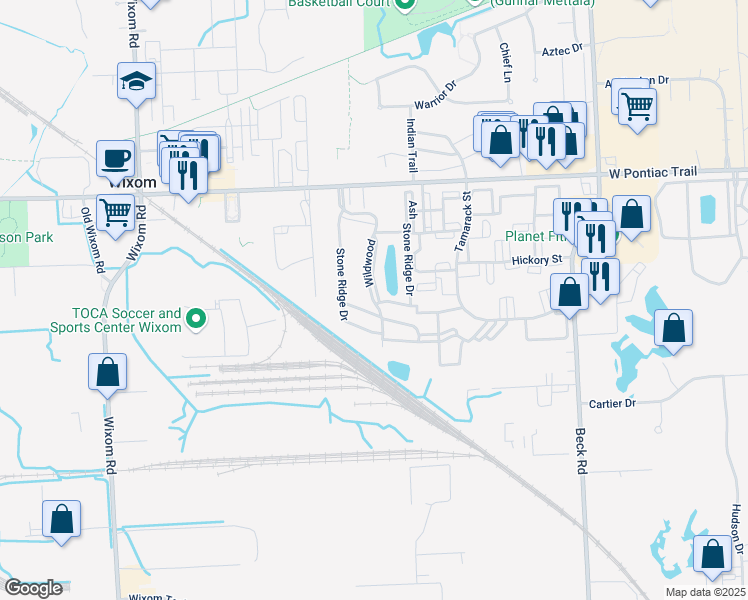 map of restaurants, bars, coffee shops, grocery stores, and more near 30930 Stone Ridge Drive in Wixom