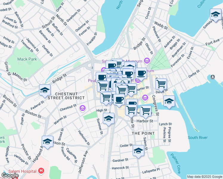map of restaurants, bars, coffee shops, grocery stores, and more near 123 Washington Street in Salem