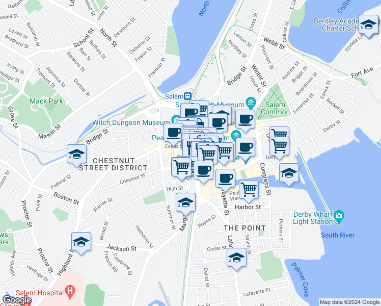 map of restaurants, bars, coffee shops, grocery stores, and more near 123 Washington Street in Salem