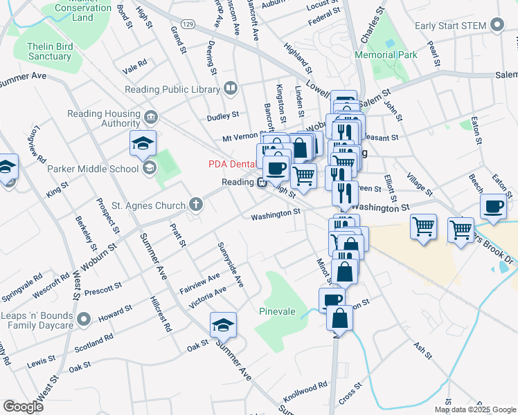 map of restaurants, bars, coffee shops, grocery stores, and more near 67 Washington Street in Reading