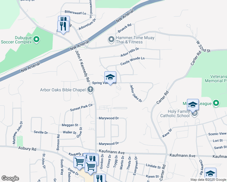 map of restaurants, bars, coffee shops, grocery stores, and more near 3170 Spring Valley Road in Dubuque