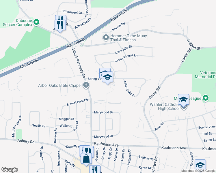 map of restaurants, bars, coffee shops, grocery stores, and more near 3170 Spring Valley Road in Dubuque