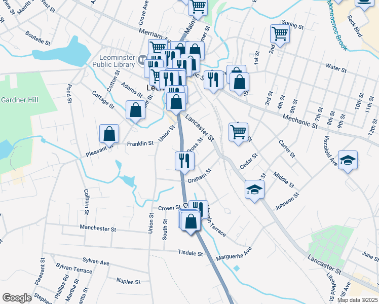 map of restaurants, bars, coffee shops, grocery stores, and more near 32 Cross Street in Leominster