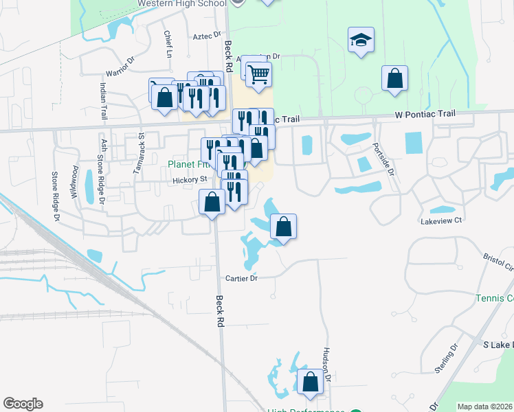 map of restaurants, bars, coffee shops, grocery stores, and more near 30670 Ardmore Court in Novi