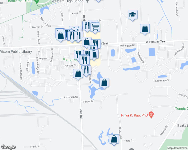 map of restaurants, bars, coffee shops, grocery stores, and more near 30687 Ardmore Court in Novi