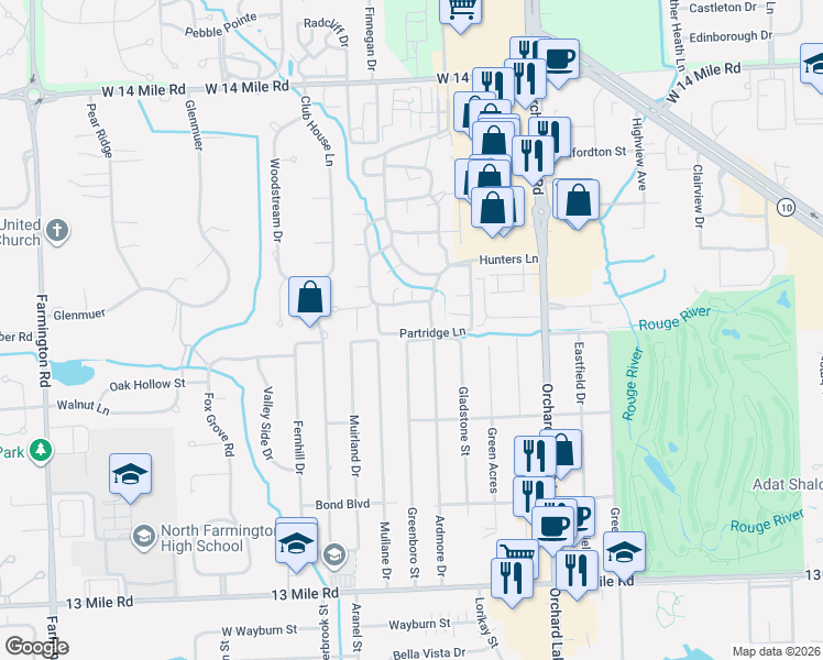 map of restaurants, bars, coffee shops, grocery stores, and more near 31850 Partridge Lane in Farmington Hills