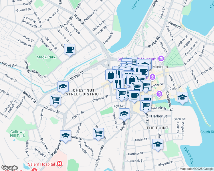 map of restaurants, bars, coffee shops, grocery stores, and more near 18 Summer Street in Salem