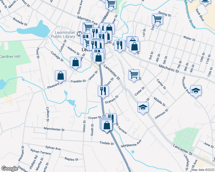 map of restaurants, bars, coffee shops, grocery stores, and more near 13 Cross Street in Leominster