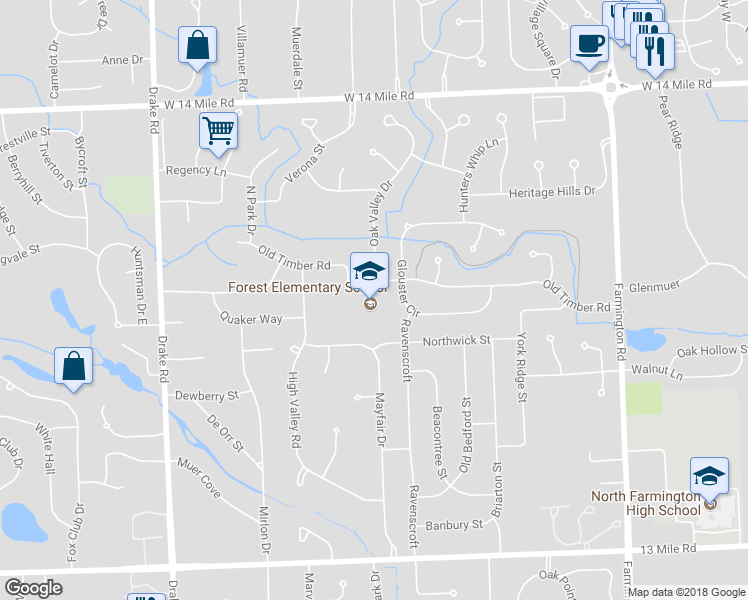 map of restaurants, bars, coffee shops, grocery stores, and more near 34545 Old Timber Road in Farmington Hills