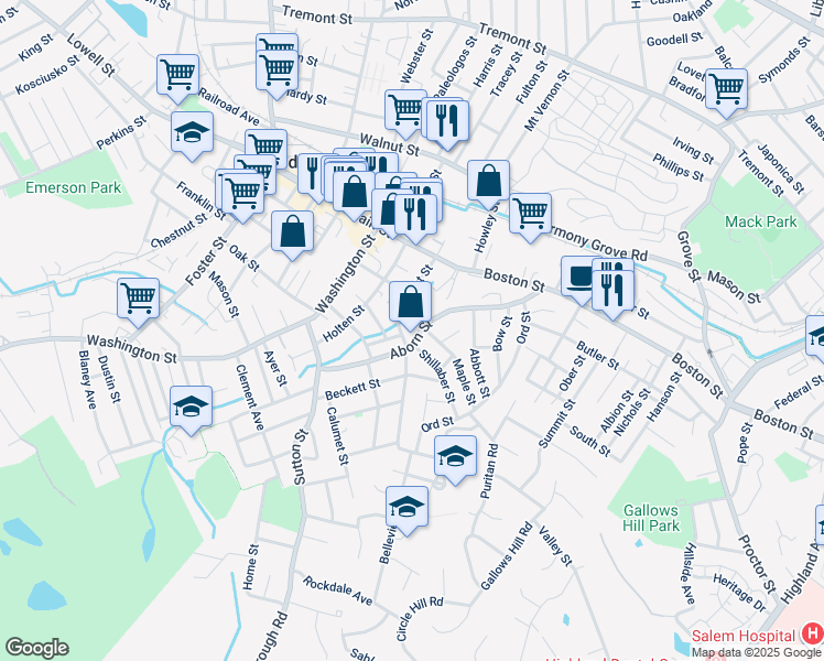 map of restaurants, bars, coffee shops, grocery stores, and more near 6 Shillaber Street in Peabody