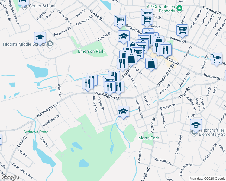 map of restaurants, bars, coffee shops, grocery stores, and more near 153 Washington Street in Peabody
