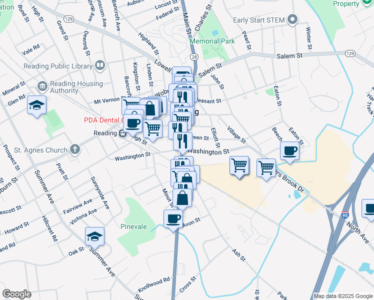 map of restaurants, bars, coffee shops, grocery stores, and more near 413 Main Street in Reading