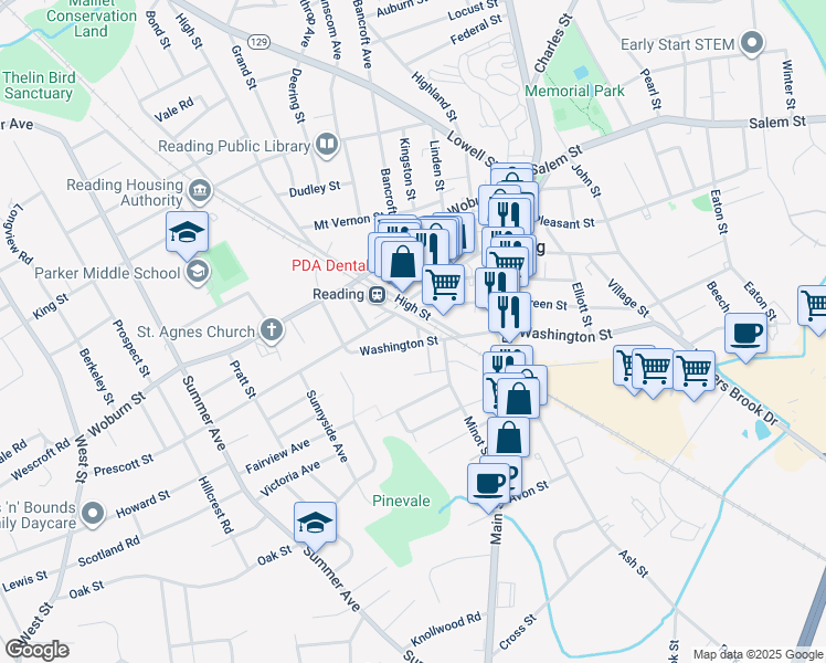map of restaurants, bars, coffee shops, grocery stores, and more near 87 Washington Street in Reading