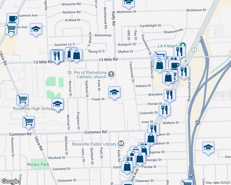 map of restaurants, bars, coffee shops, grocery stores, and more near 18700 Frank St in Roseville