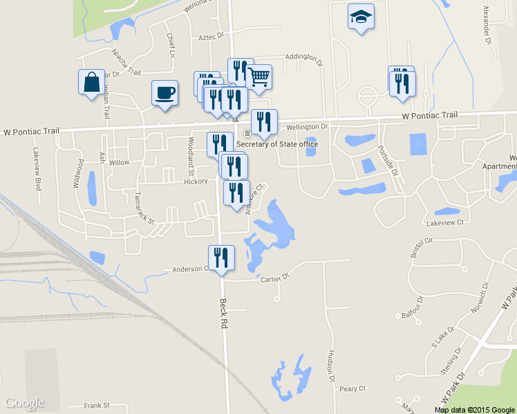 map of restaurants, bars, coffee shops, grocery stores, and more near 30662 Ardmore Court in Novi