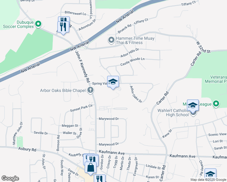 map of restaurants, bars, coffee shops, grocery stores, and more near 3170 Spring Valley Road in Dubuque