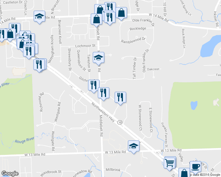 map of restaurants, bars, coffee shops, grocery stores, and more near 31700 Middlebelt Road in Farmington Hills