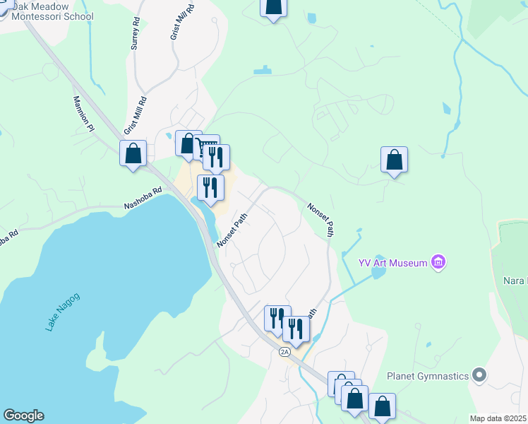 map of restaurants, bars, coffee shops, grocery stores, and more near 535 Old Stone Brook in Acton