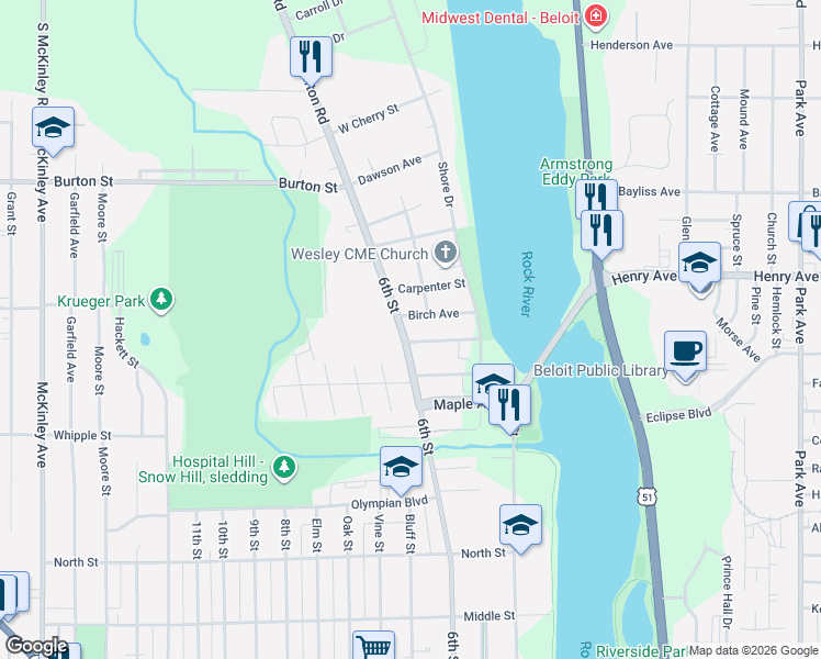 map of restaurants, bars, coffee shops, grocery stores, and more near 256 Chestnut Avenue in Beloit