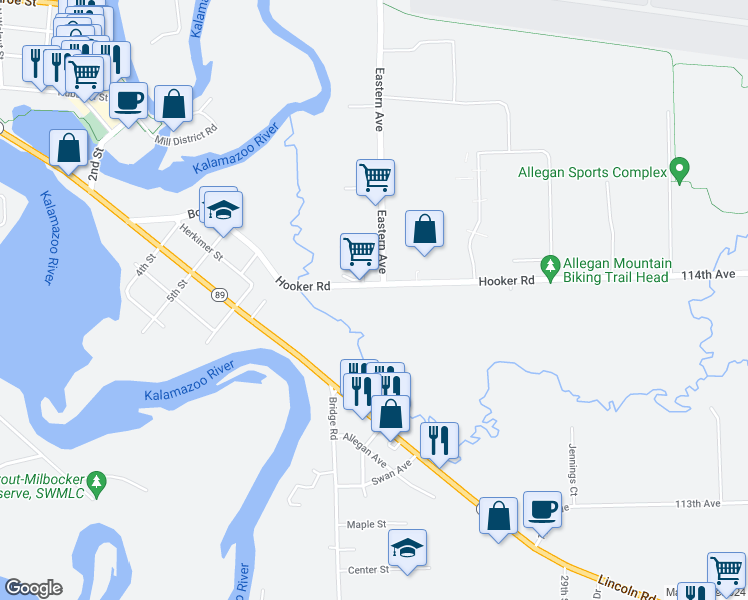 map of restaurants, bars, coffee shops, grocery stores, and more near 602 Hooker Road in Allegan
